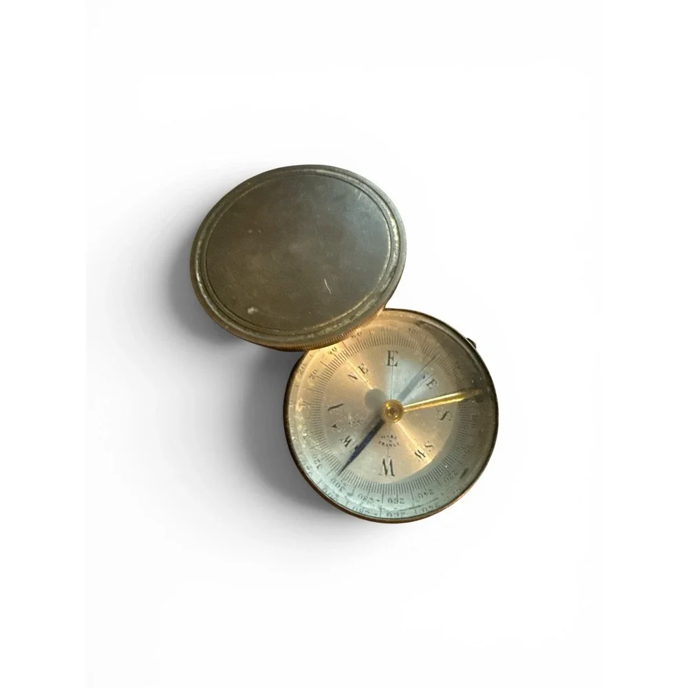 Antique French Brass Pocket Compass Made in France With Lid Circa 1900